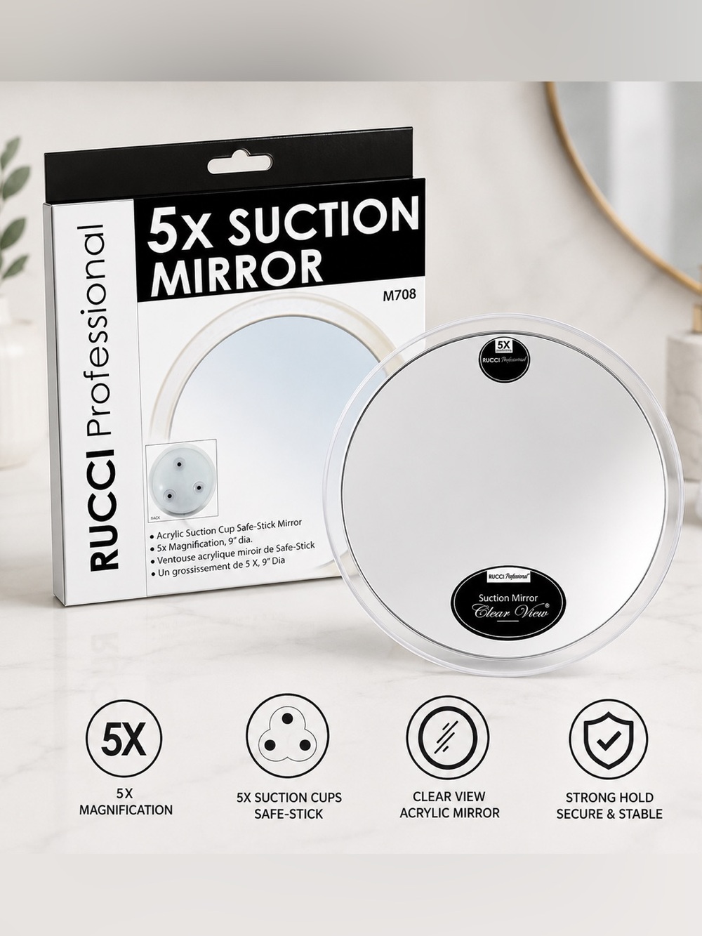 RUCCI Professional 5X Suction Mirror 9” Clear View Acrylic Bathroom Vanity  M708